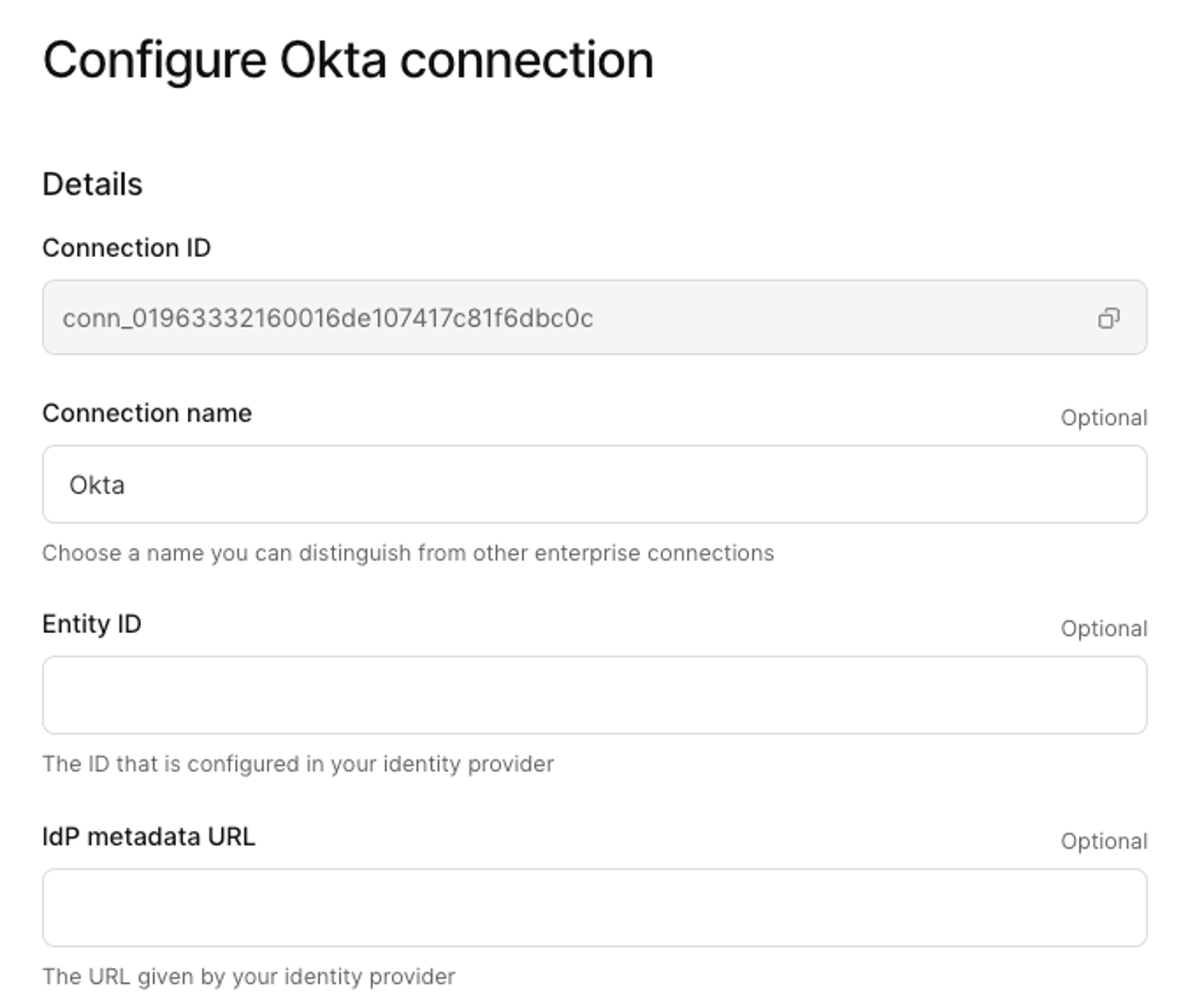 Okta connection config window